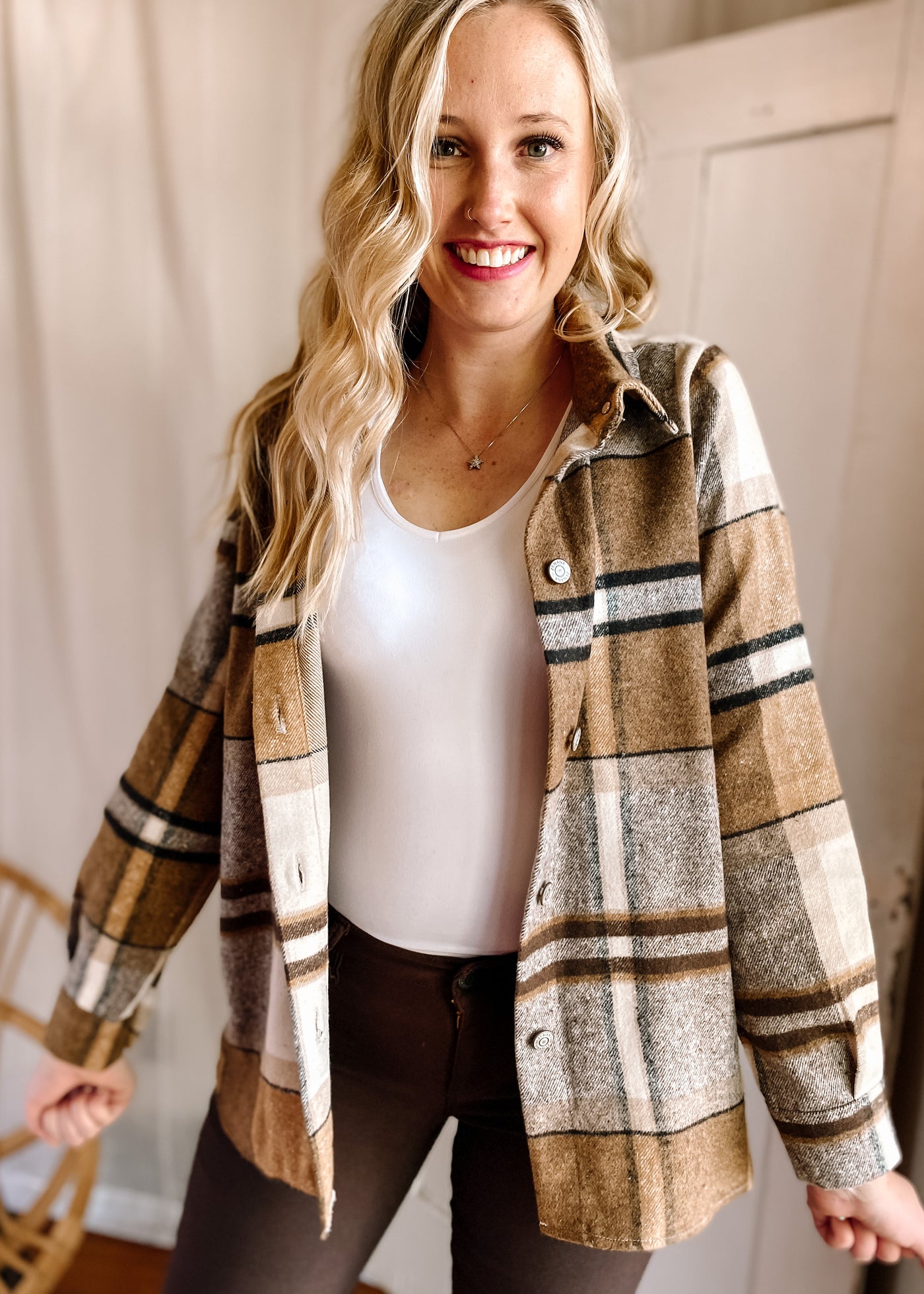 Charm Plaid Shacket in Camel