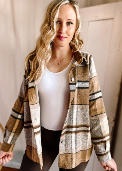 Charm Plaid Shacket in Camel
