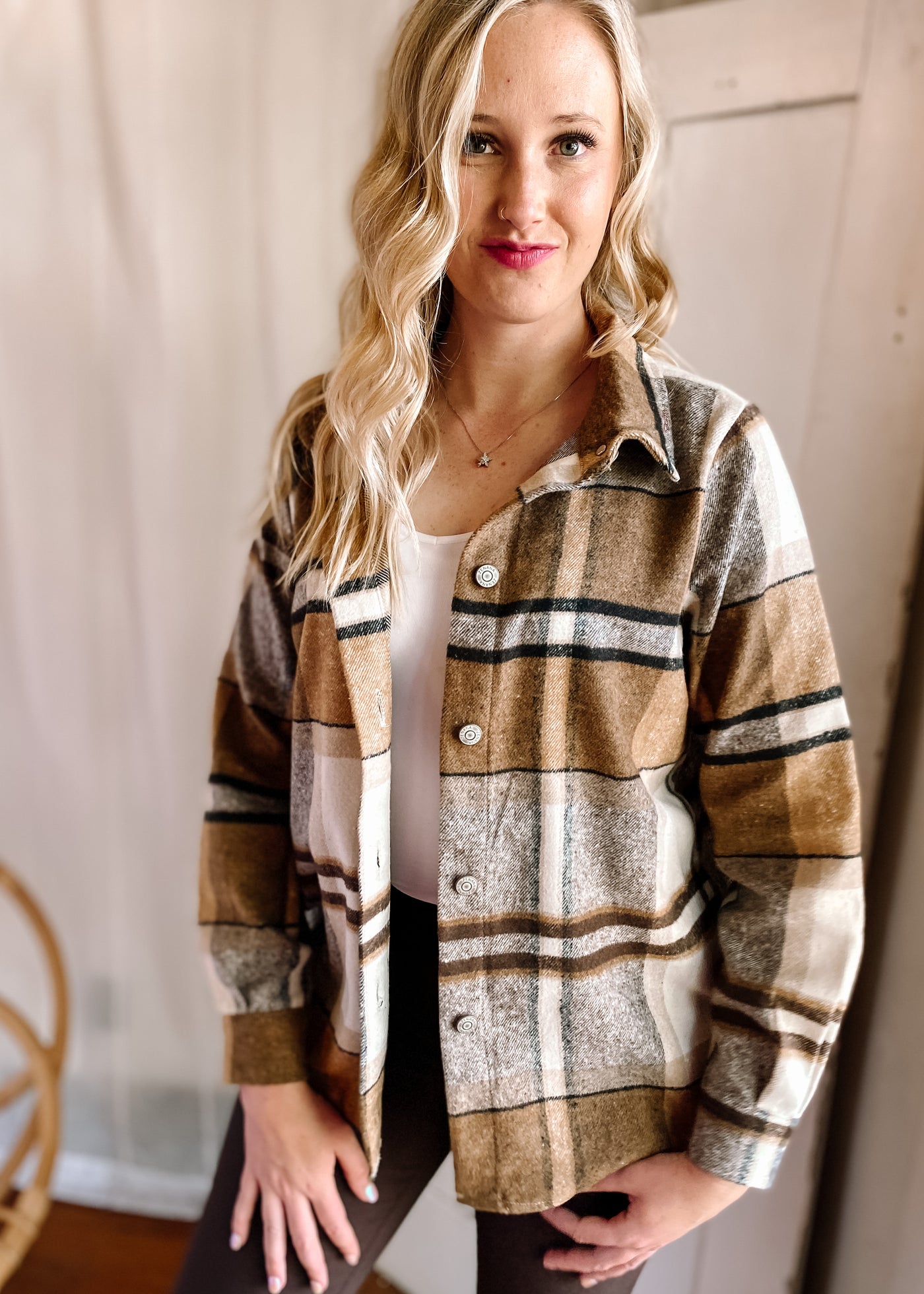 Charm Plaid Shacket in Camel