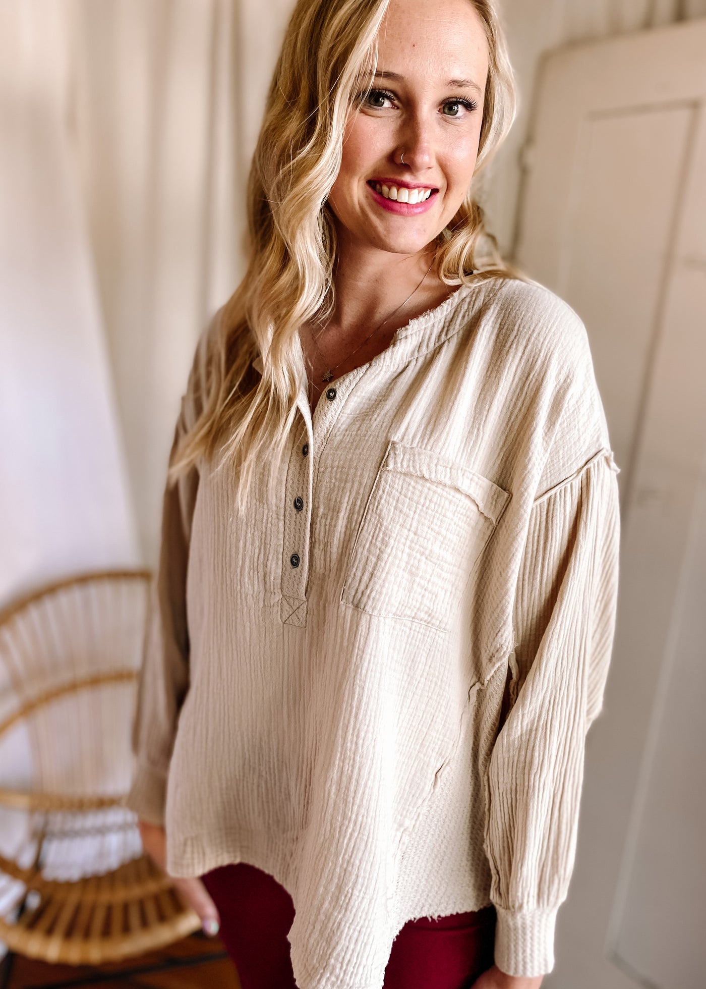 Double Gauze Oversized 3/4 Button Henley Neck Top in Sand Beige