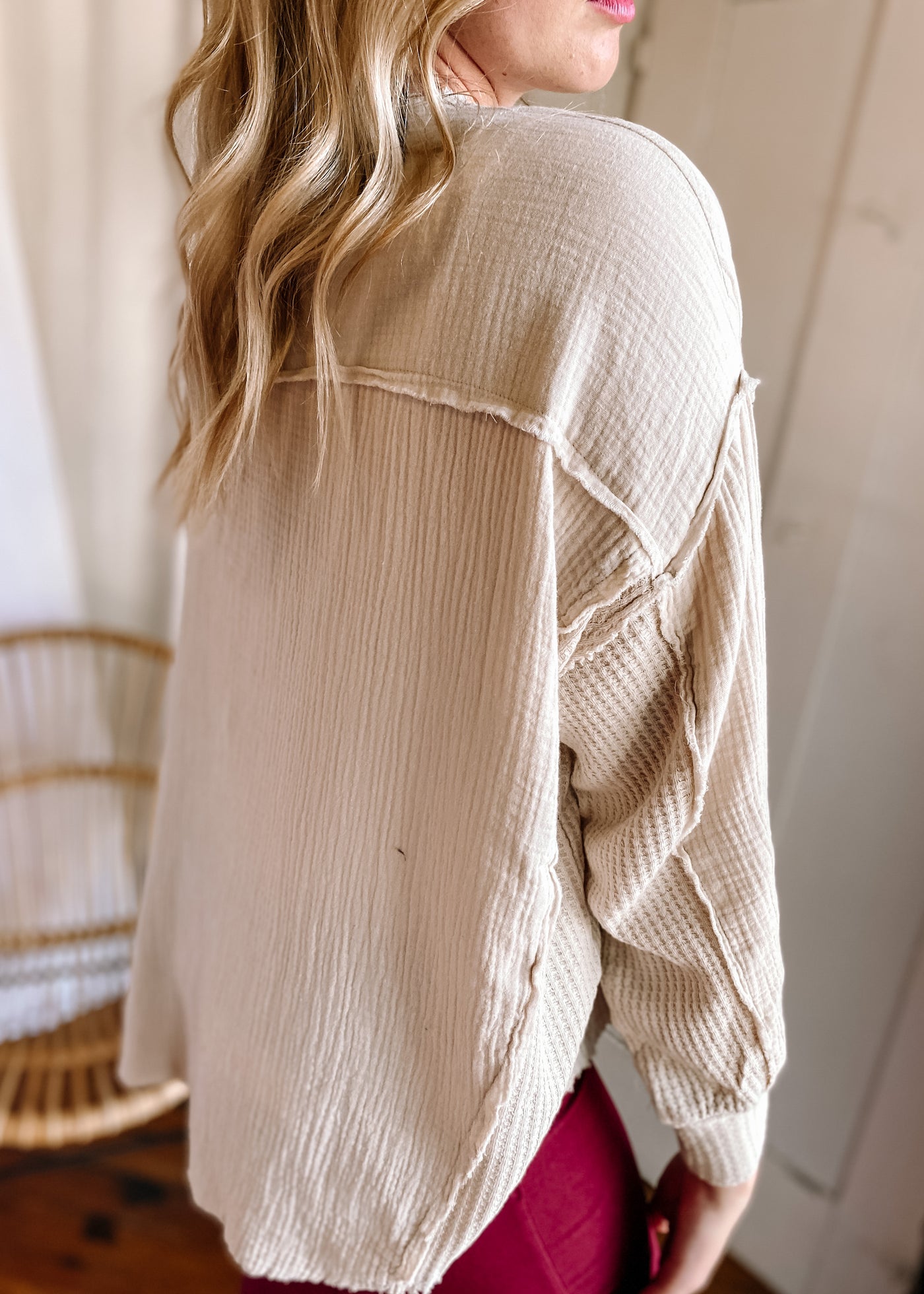 Double Gauze Oversized 3/4 Button Henley Neck Top in Sand Beige