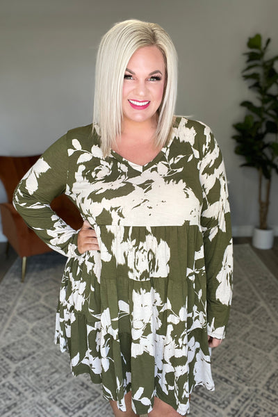 Brand Collab Brand Collab Worthwhile Moment Floral Tiered Dress In Olive