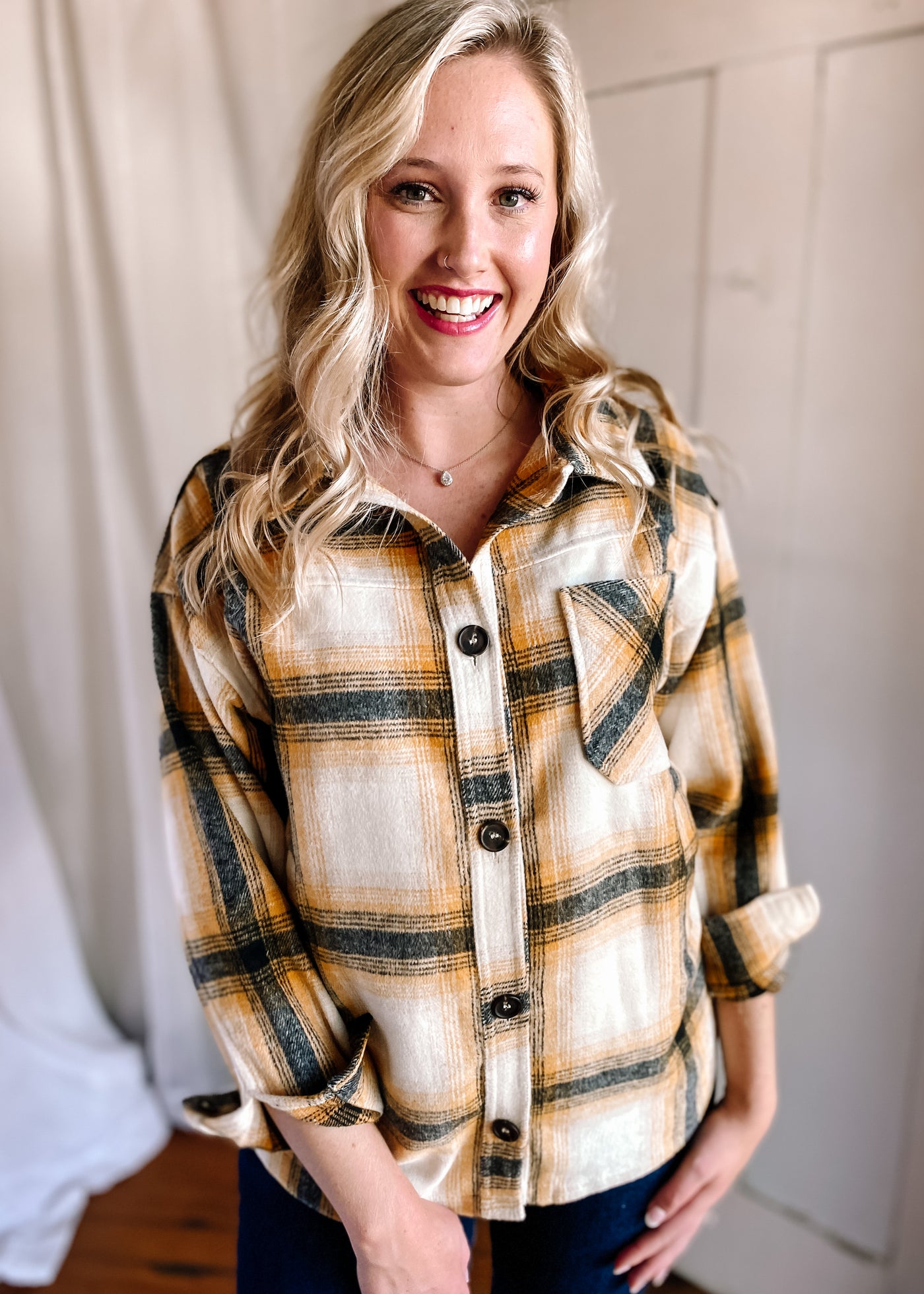 Rustic Oversized Plaid Shacket in Mustard