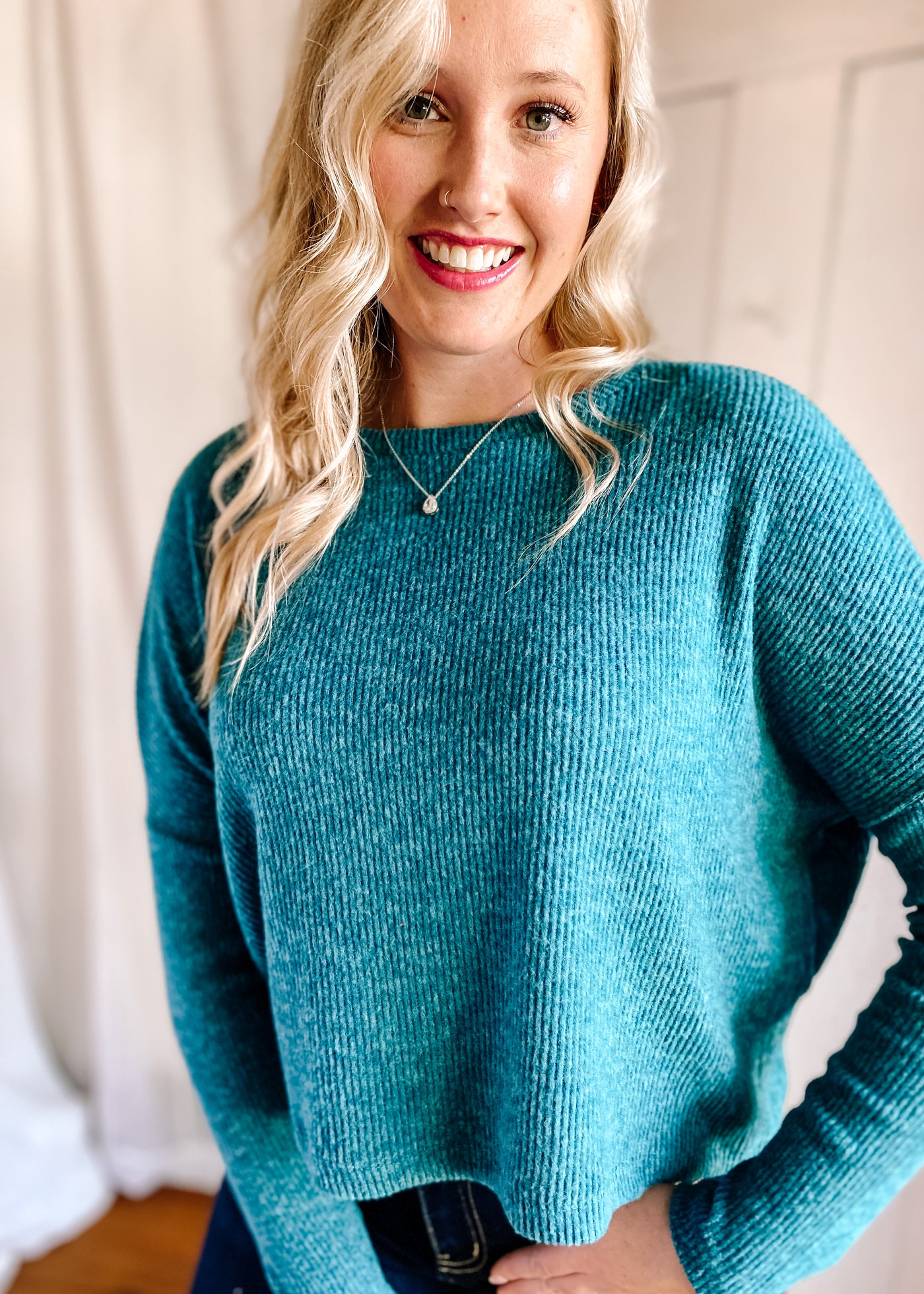 Mountain Getaway Brushed Sweater Top in Teal