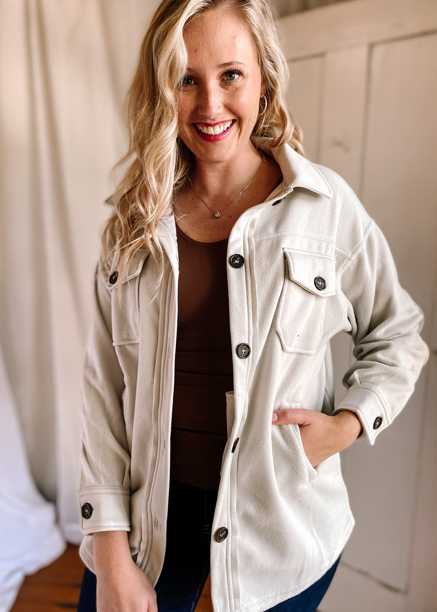 Oversized Basic Fleece Shacket in Bone