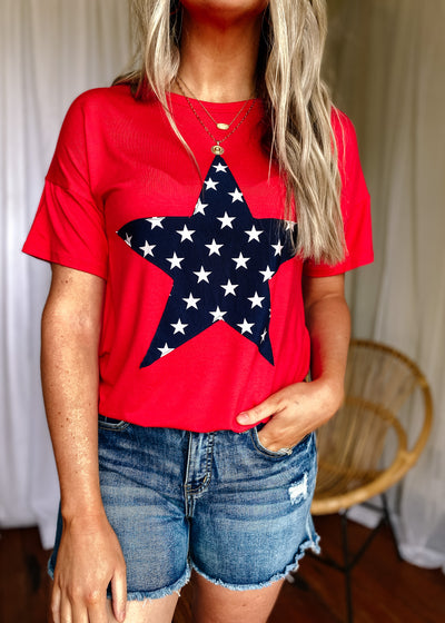 Round Neck Star Patch Top in Red