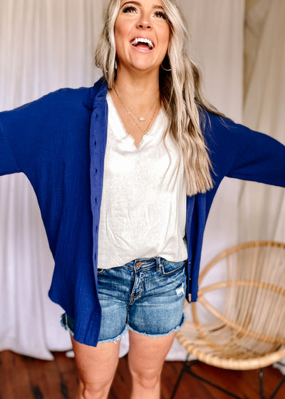 Double Gauze Oversized Button Down Shirt in Navy
