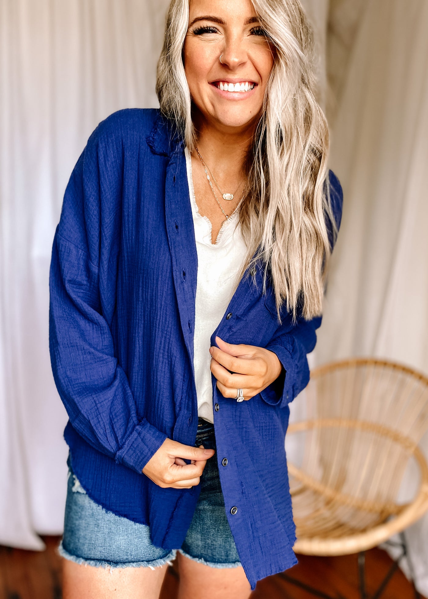 Double Gauze Oversized Button Down Shirt in Navy