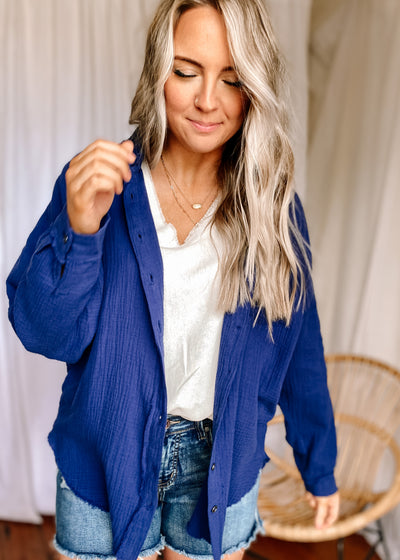 Double Gauze Oversized Button Down Shirt in Navy