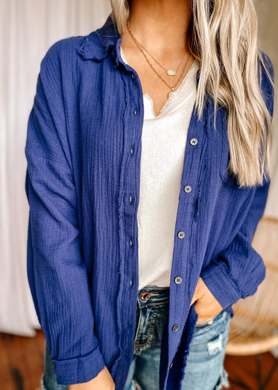 Double Gauze Oversized Button Down Shirt in Navy