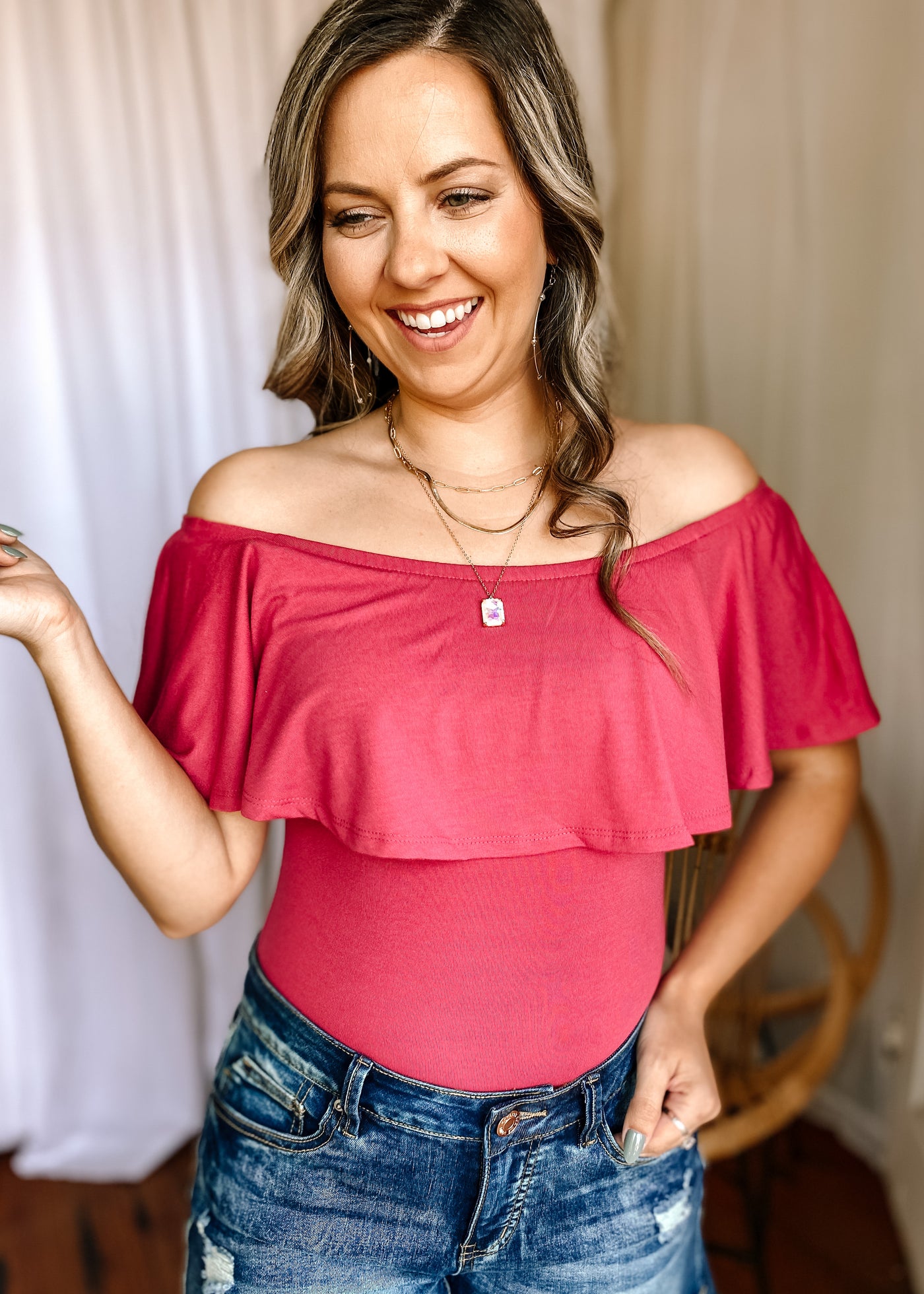 Off Shoulder Ruffle Bodysuit in Rose