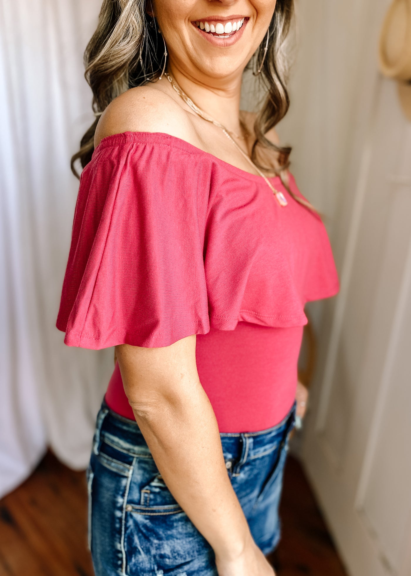 Off Shoulder Ruffle Bodysuit in Rose