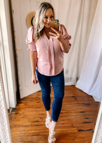 Solid Half Sleeve V Neck Top in Dusty Pink