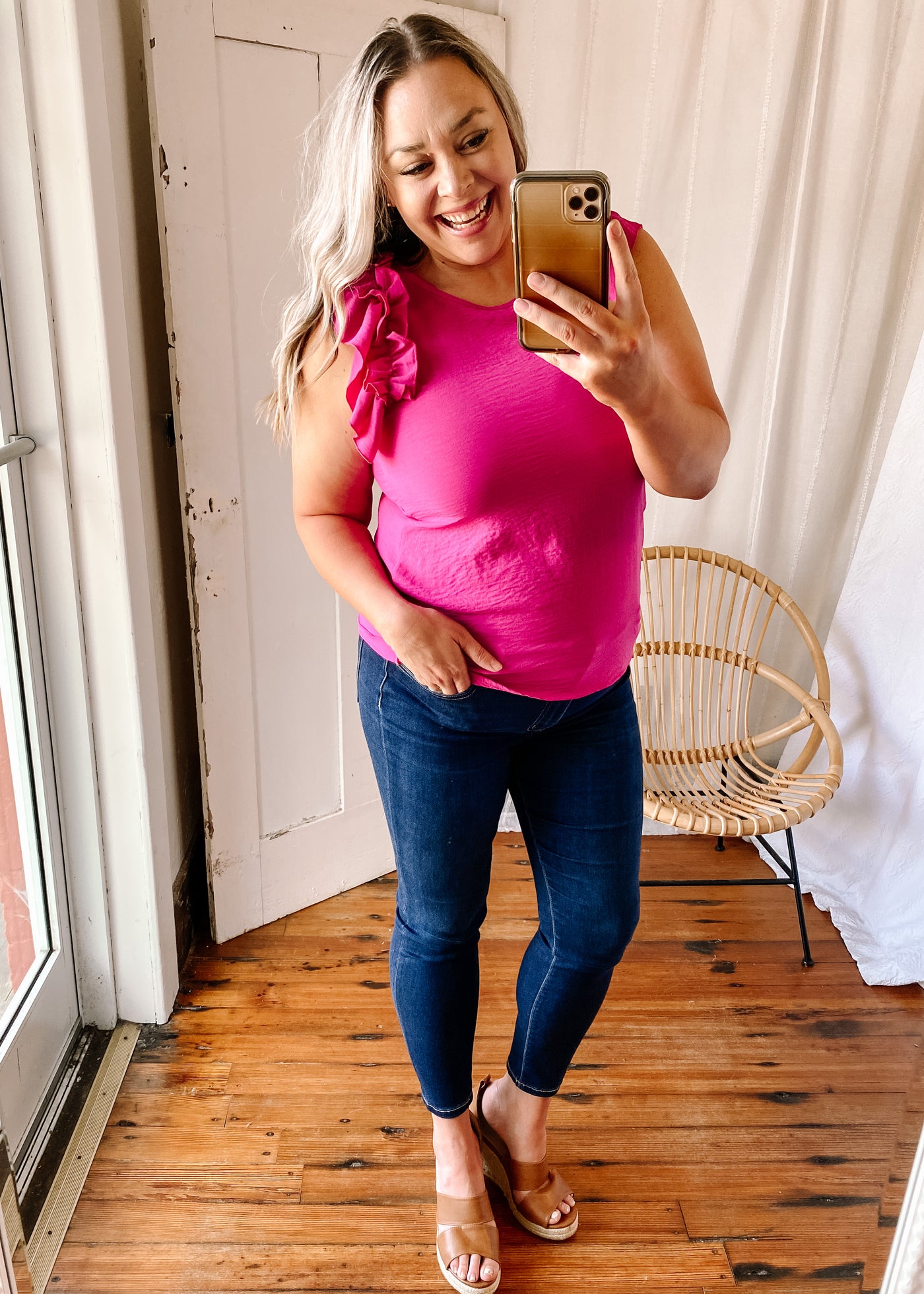 Crinkle Solid Double Ruffle Short Sleeve Top in Fuchsia