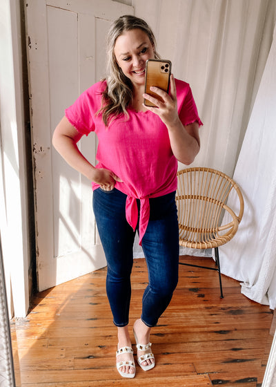 Frayed V-Neck Front Tie Top in Fuchsia