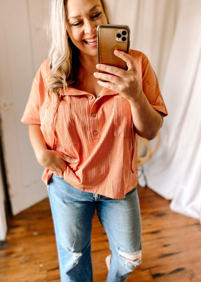 V Neck Buttoned Front Textured Loose Top