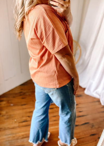 V Neck Buttoned Front Textured Loose Top