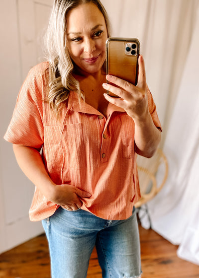 V Neck Buttoned Front Textured Loose Top