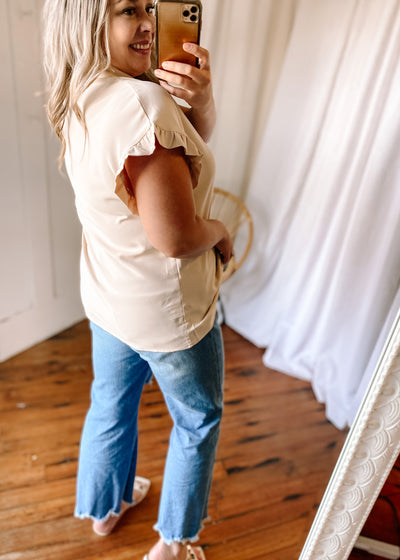 Ruffle Short Sleeve Button Top in Taupe