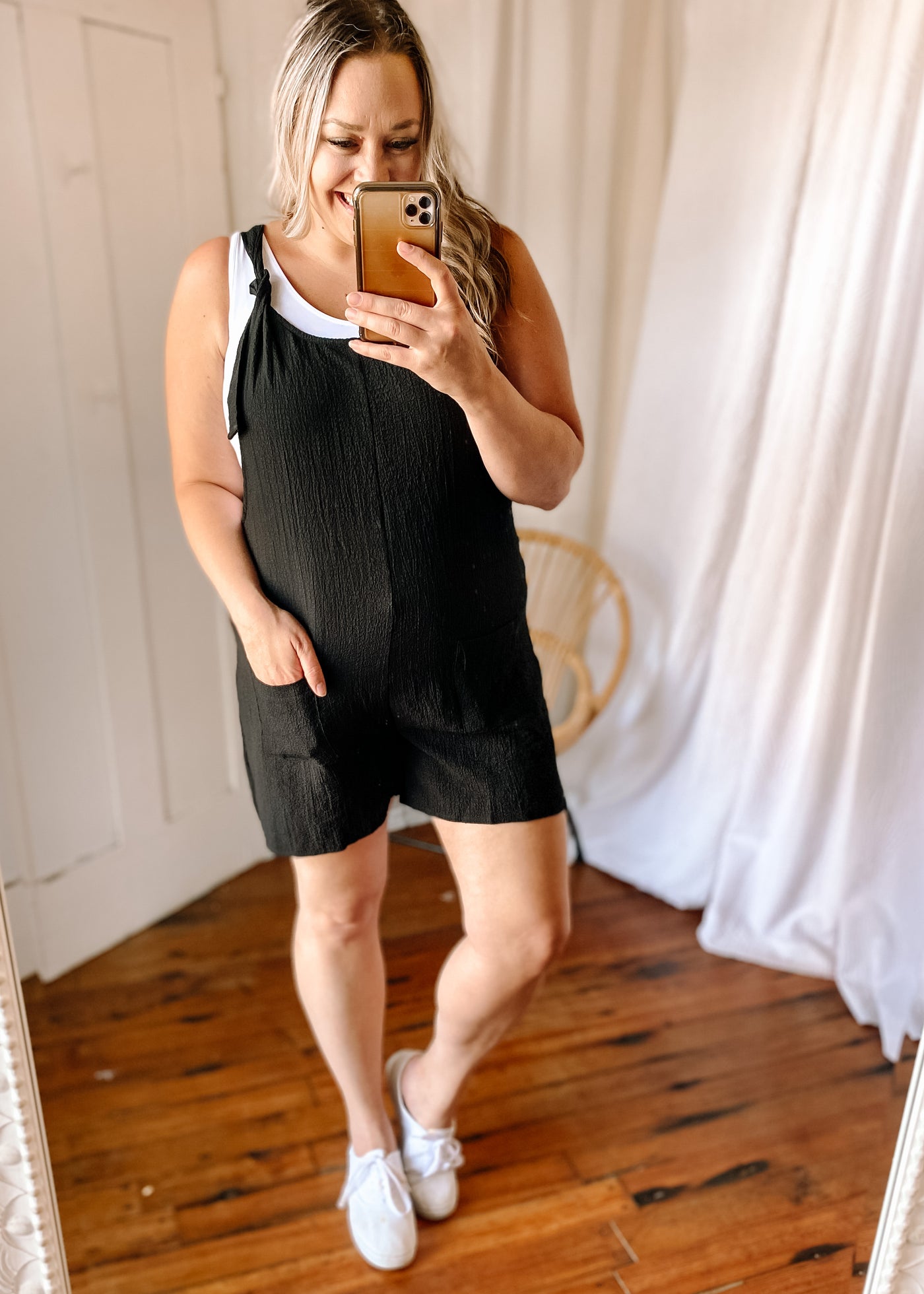 Textured Romper with Pockets in Black