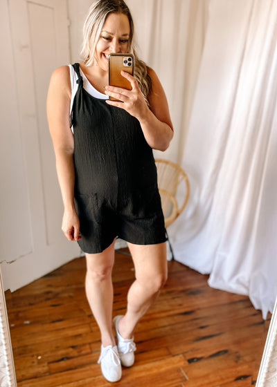 Textured Romper with Pockets in Black