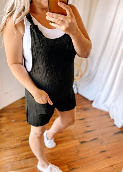 Textured Romper with Pockets in Black