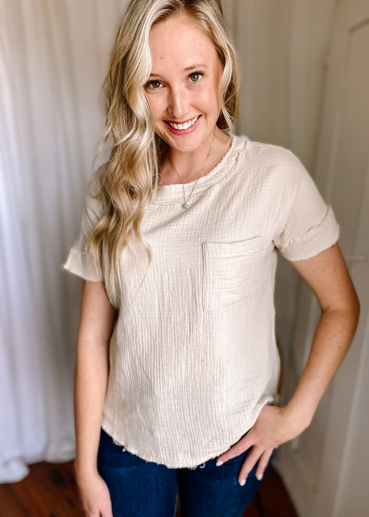 Double Gauze Boat Neck Top in Sand Beige