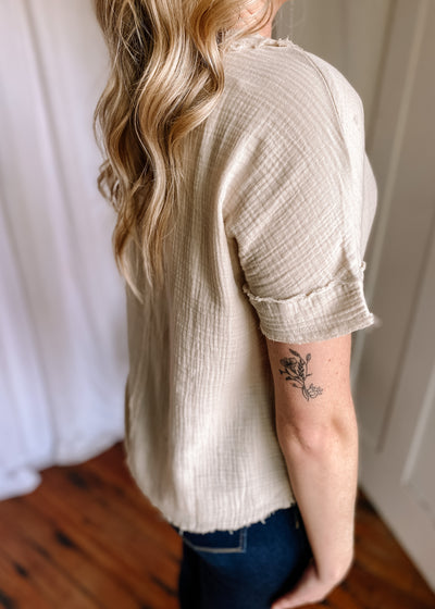 Double Gauze Boat Neck Top in Sand Beige