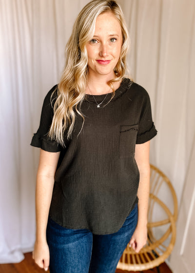 Double Gauze Boat Neck Top in Black