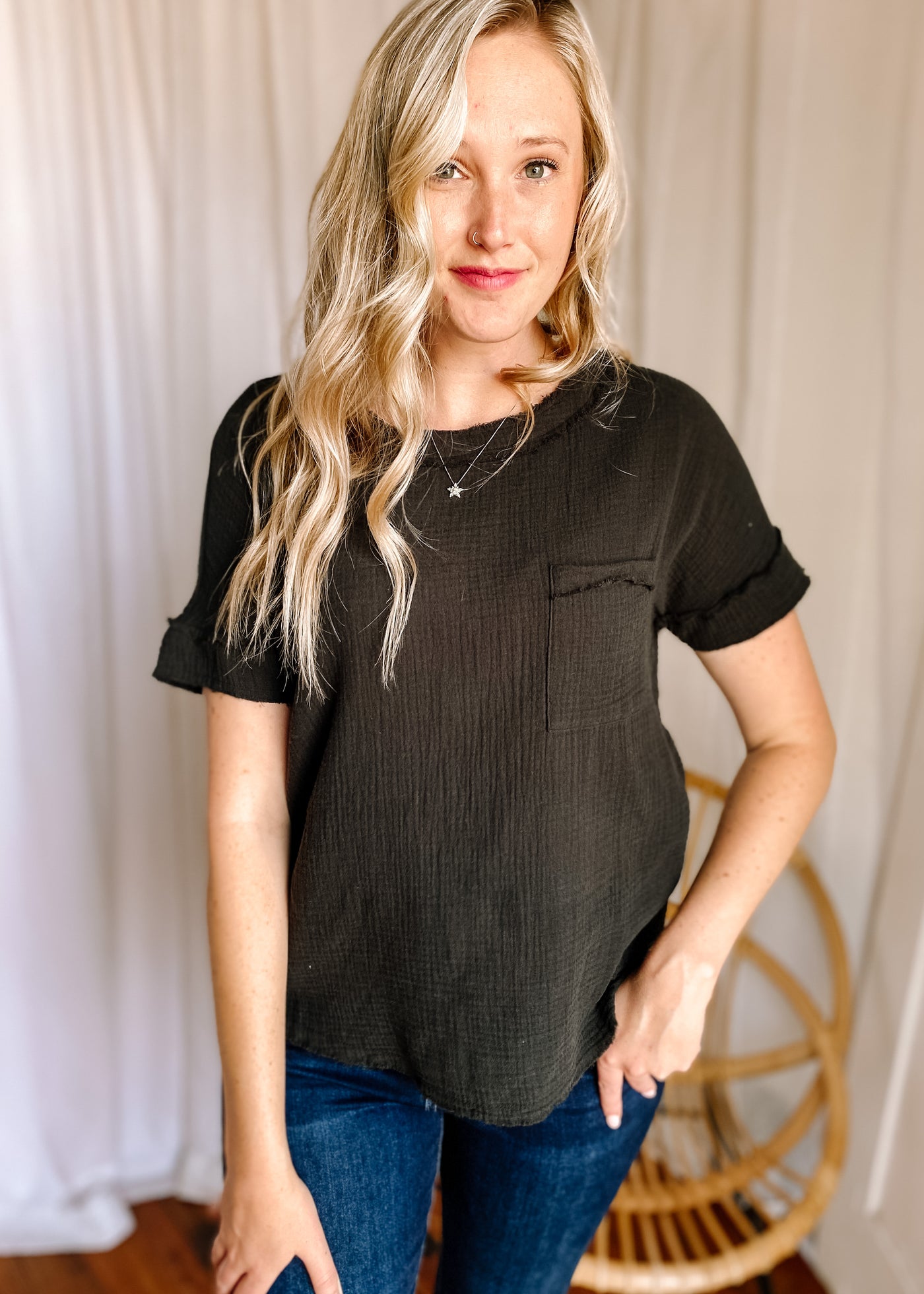 Double Gauze Boat Neck Top in Black