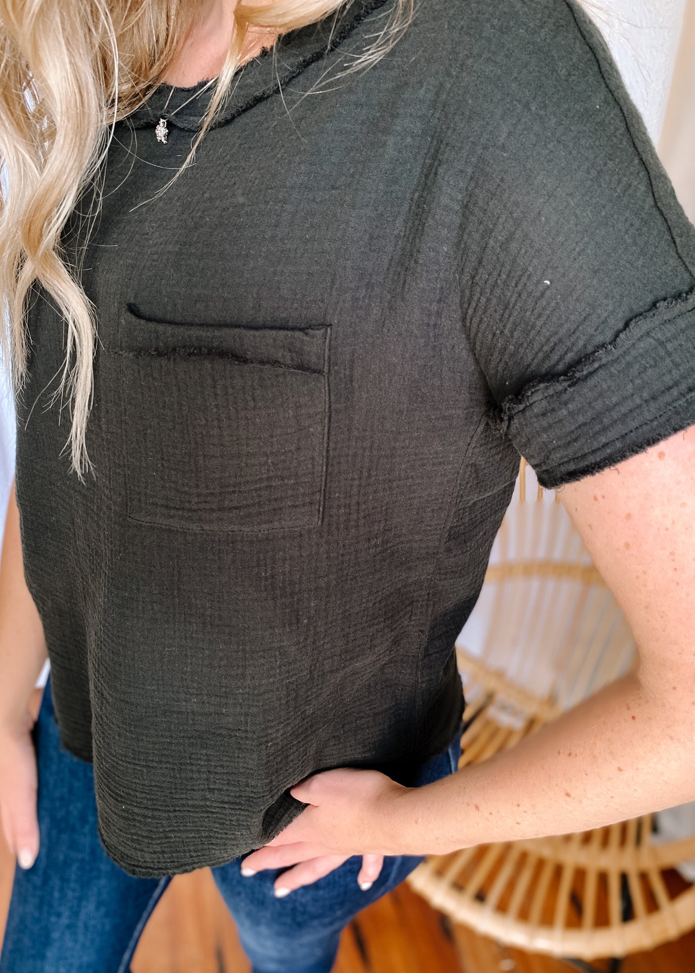 Double Gauze Boat Neck Top in Black