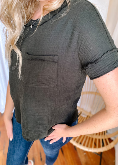 Double Gauze Boat Neck Top in Black