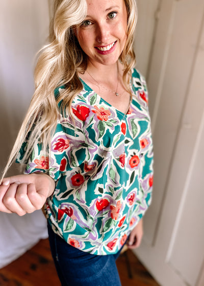 Flower Print V-neck Top