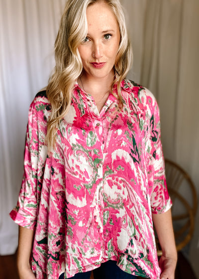 Print Button-Up 3/4 Dolman Sleeve Top
