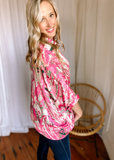 Print Button-Up 3/4 Dolman Sleeve Top