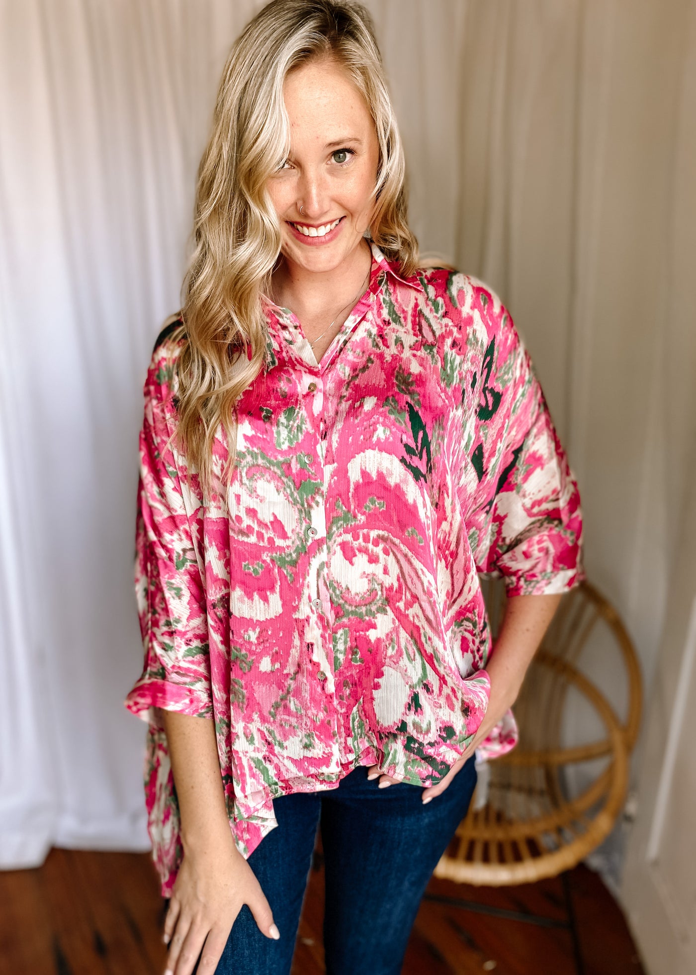 Print Button-Up 3/4 Dolman Sleeve Top