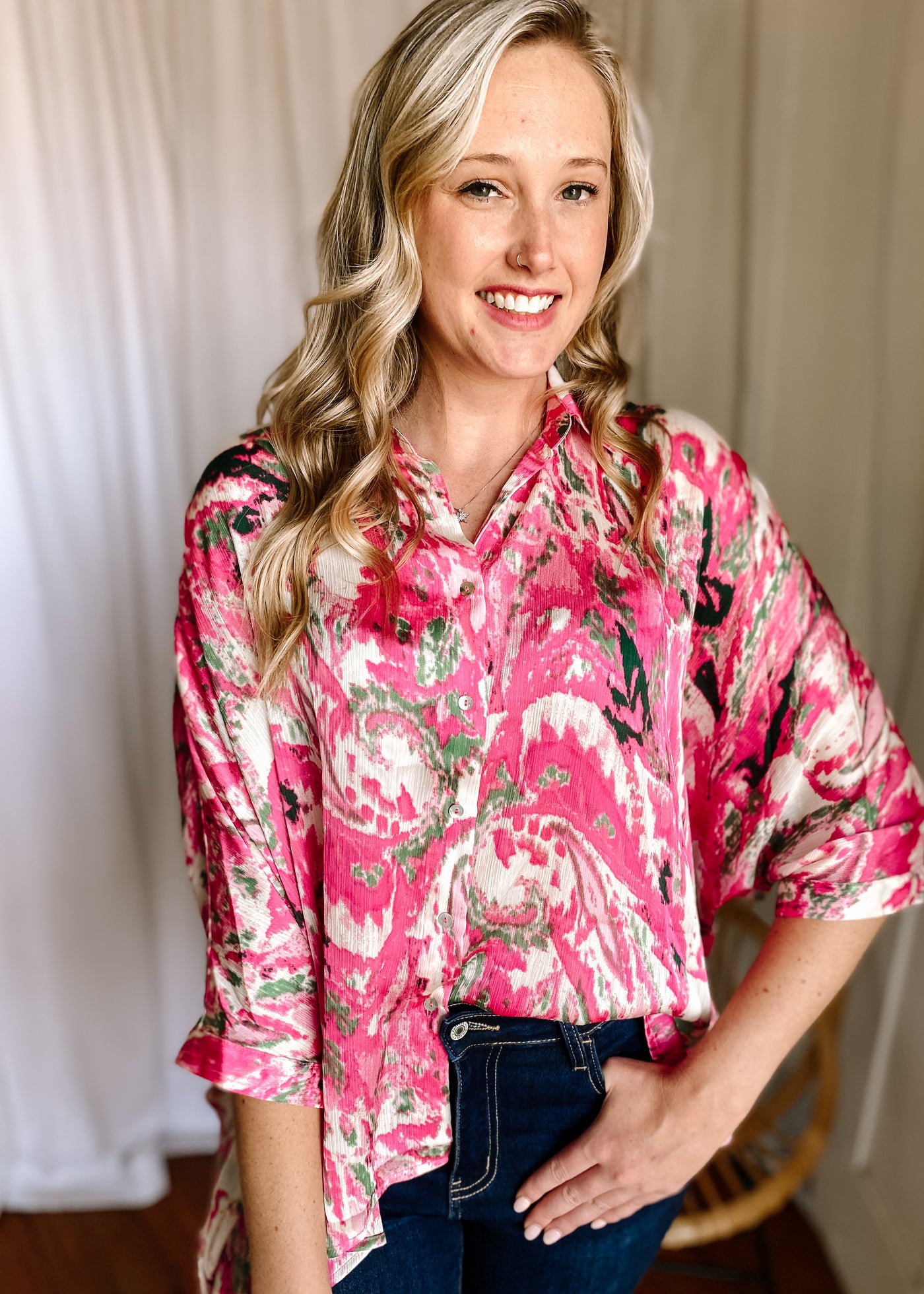 Print Button-Up 3/4 Dolman Sleeve Top