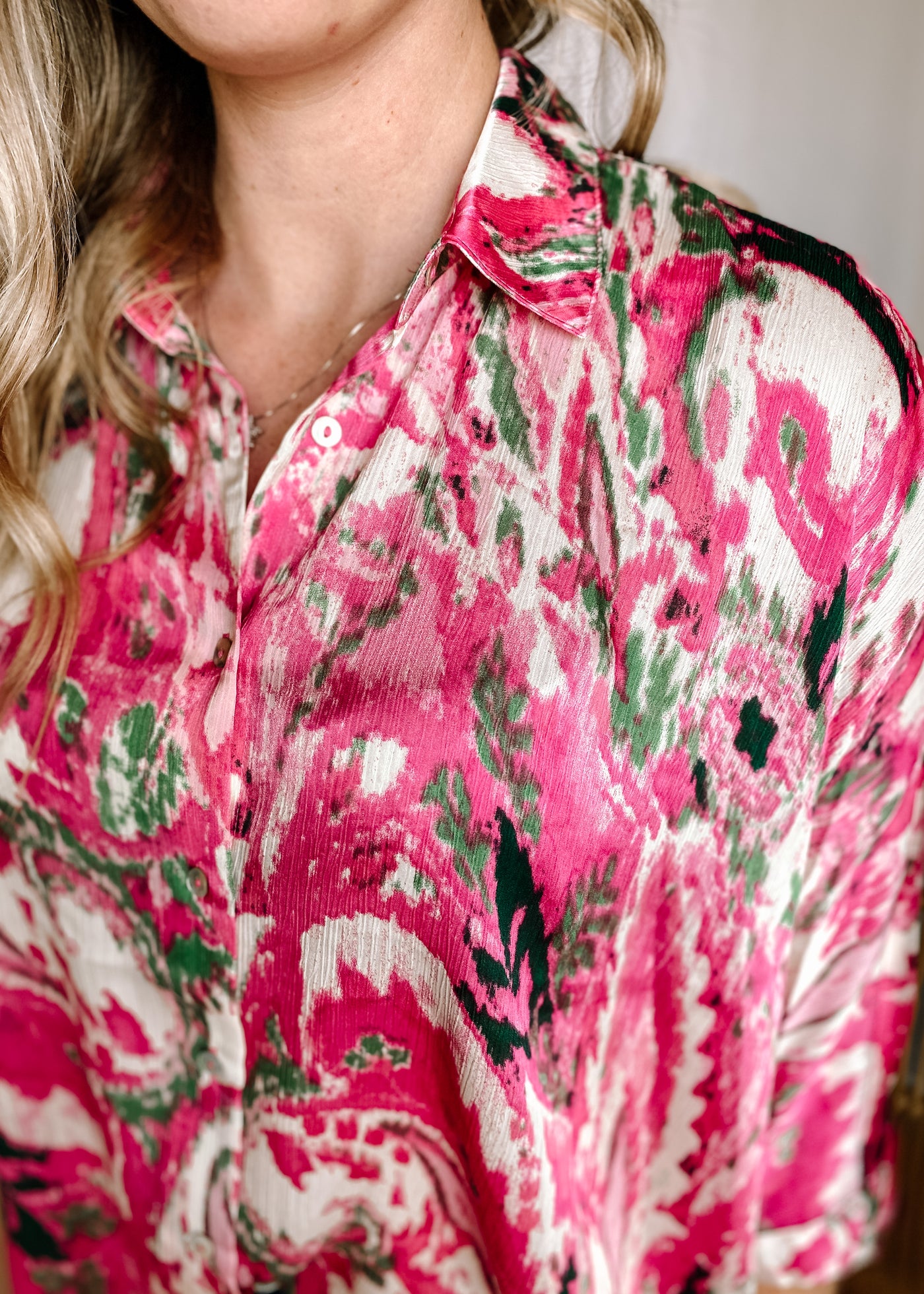 Print Button-Up 3/4 Dolman Sleeve Top