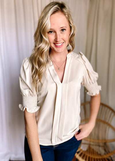 Solid Half Sleeve V Neck Top in Apricot