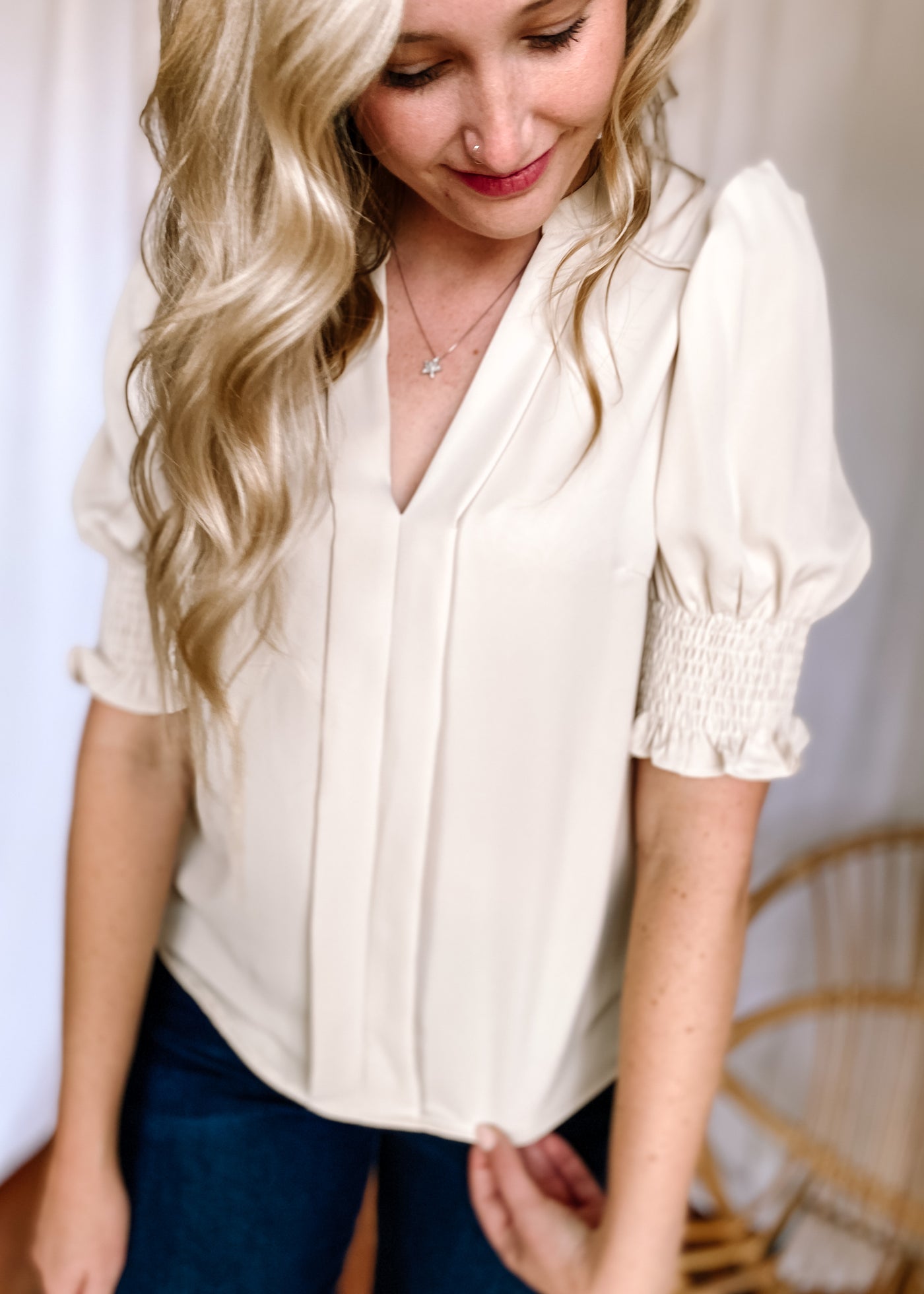Solid Half Sleeve V Neck Top in Apricot