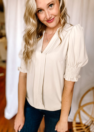 Solid Half Sleeve V Neck Top in Apricot
