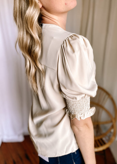 Solid Half Sleeve V Neck Top in Apricot