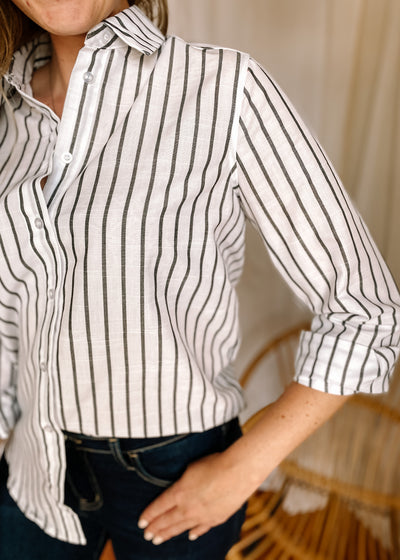 Striped Button Down Top in Black (Small - 3XL)