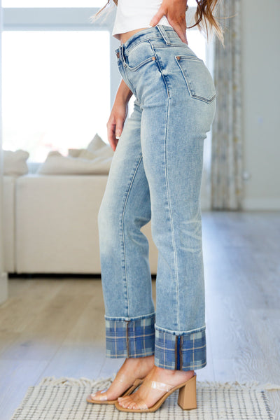 Brand Collab Miranda High Rise Plaid Cuff Vintage Straight Jeans