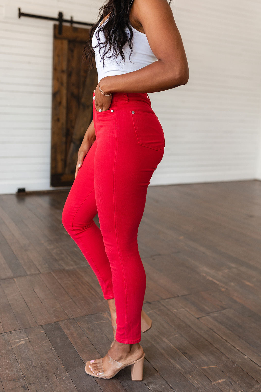 Brand Collab Ruby High Rise Control Top Garment Dyed Skinny Jeans in Red