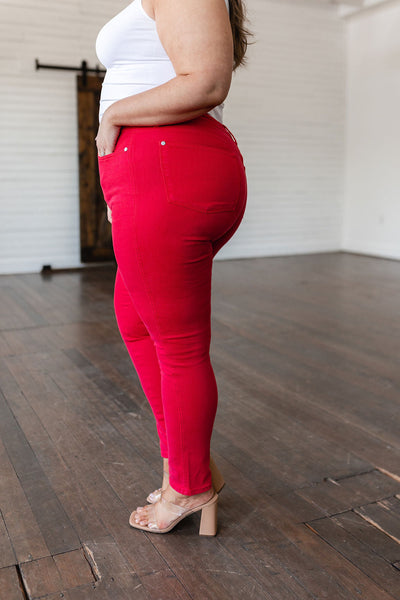 Brand Collab Ruby High Rise Control Top Garment Dyed Skinny Jeans in Red