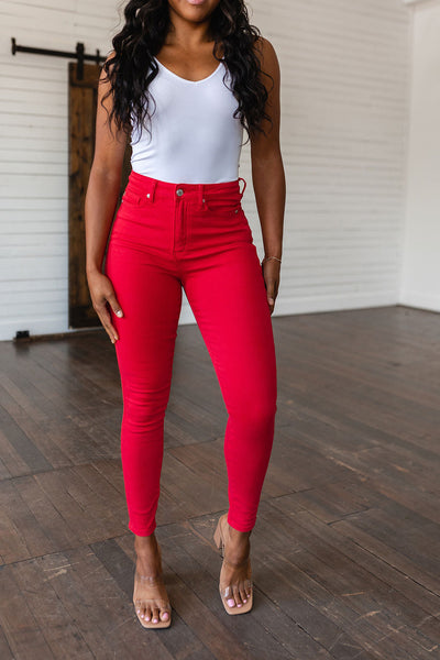 Brand Collab Ruby High Rise Control Top Garment Dyed Skinny Jeans in Red