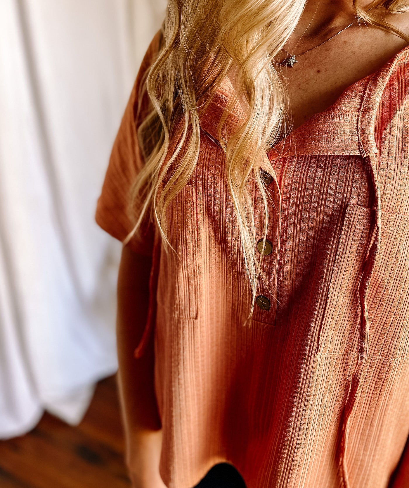 V Neck Buttoned Front Textured Loose Top