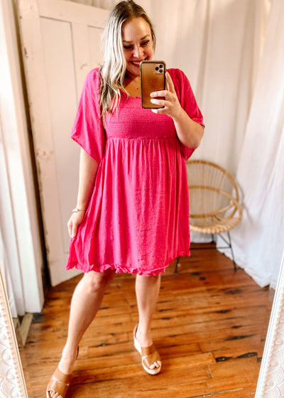 Square Neck Bell Sleeve Smocked Bodice Dress in Hot Pink