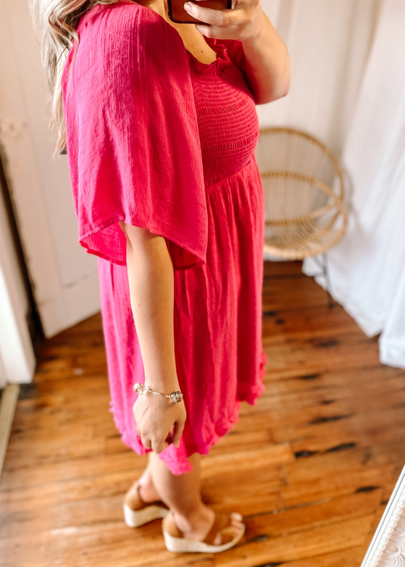 Square Neck Bell Sleeve Smocked Bodice Dress in Hot Pink
